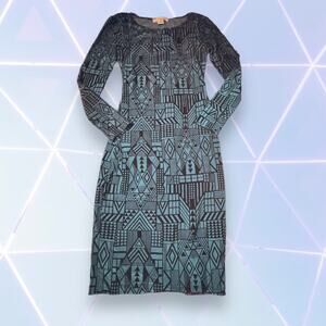 Sans Souci Anthropologie Teal Green Velvet Abstract Pattern Midi Dress Size S